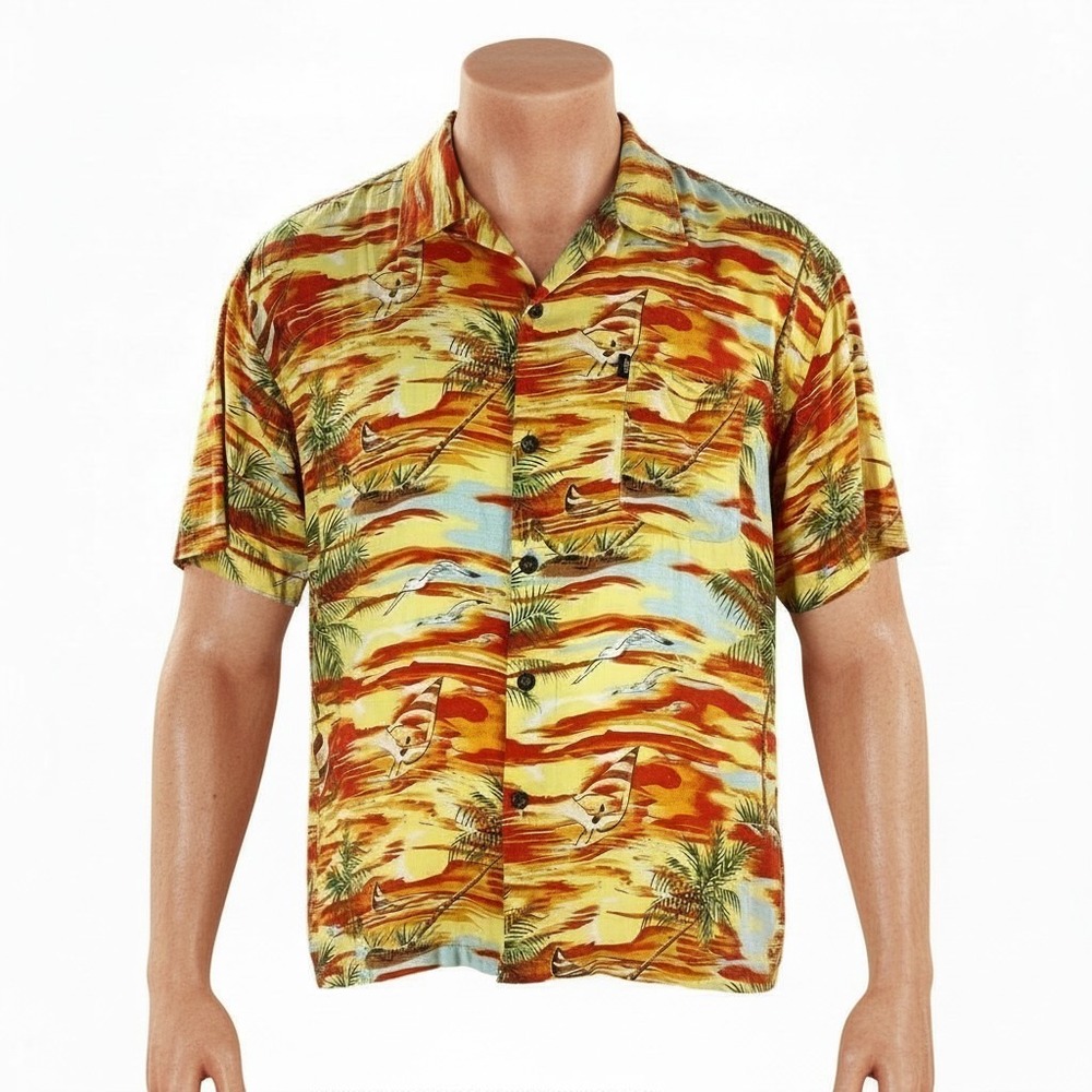 Pineapple Connection Hawaiian Aloha Shirt XL Sunset Wind Surfers Palms Yellow